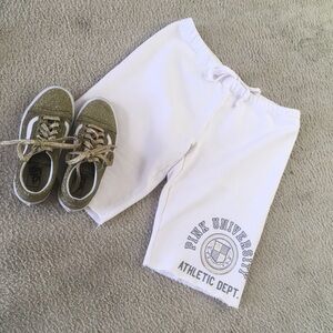 PINK VICTORIA SECRET/WHITE-“PINK UNIVERSITY ATHLETIC DEPT” RAW EDGE HEM SHORTS